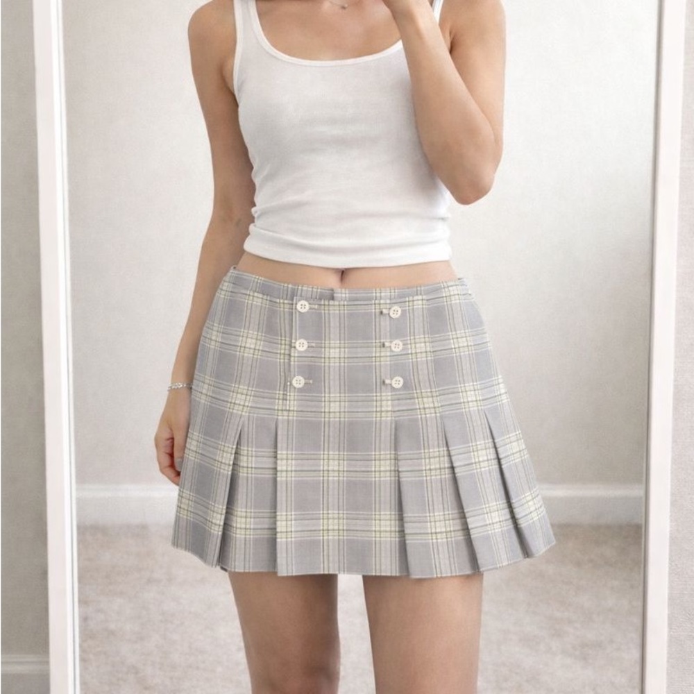 Vintage Y2K Grey Mint Green Pleated Button Mini Skirt Women 8 Preppy Academia‎